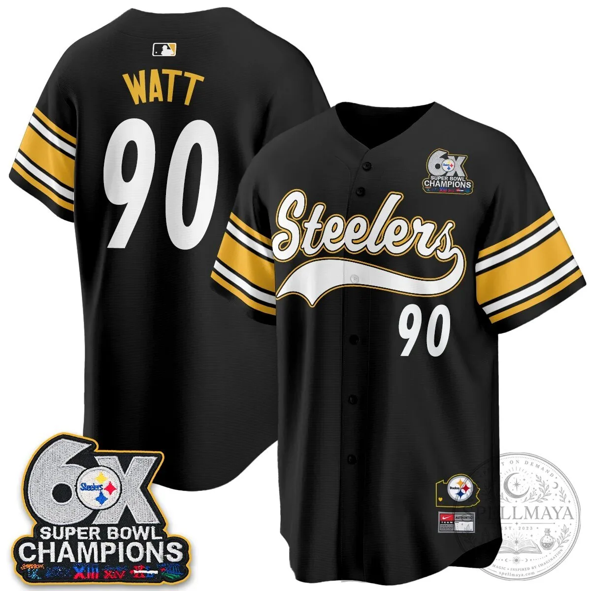 Pittsburgh Steelers TJ Watt 6X Super Bowl Champions Throwback Baseball Jersey 124 Pittsburgh Steelers TJ Watt 6X Super Bowl Champions Throwback Baseball Jersey