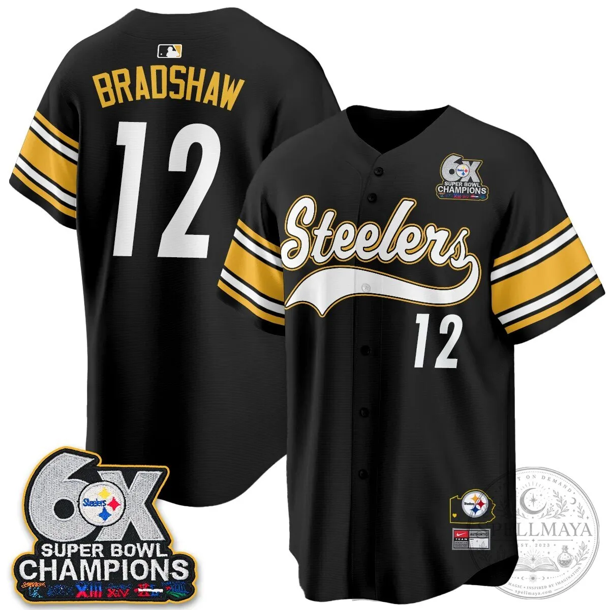 Pittsburgh Steelers TJ Watt 6X Super Bowl Champions Throwback Baseball Jersey 128 Pittsburgh Steelers TJ Watt 6X Super Bowl Champions Throwback Baseball Jersey