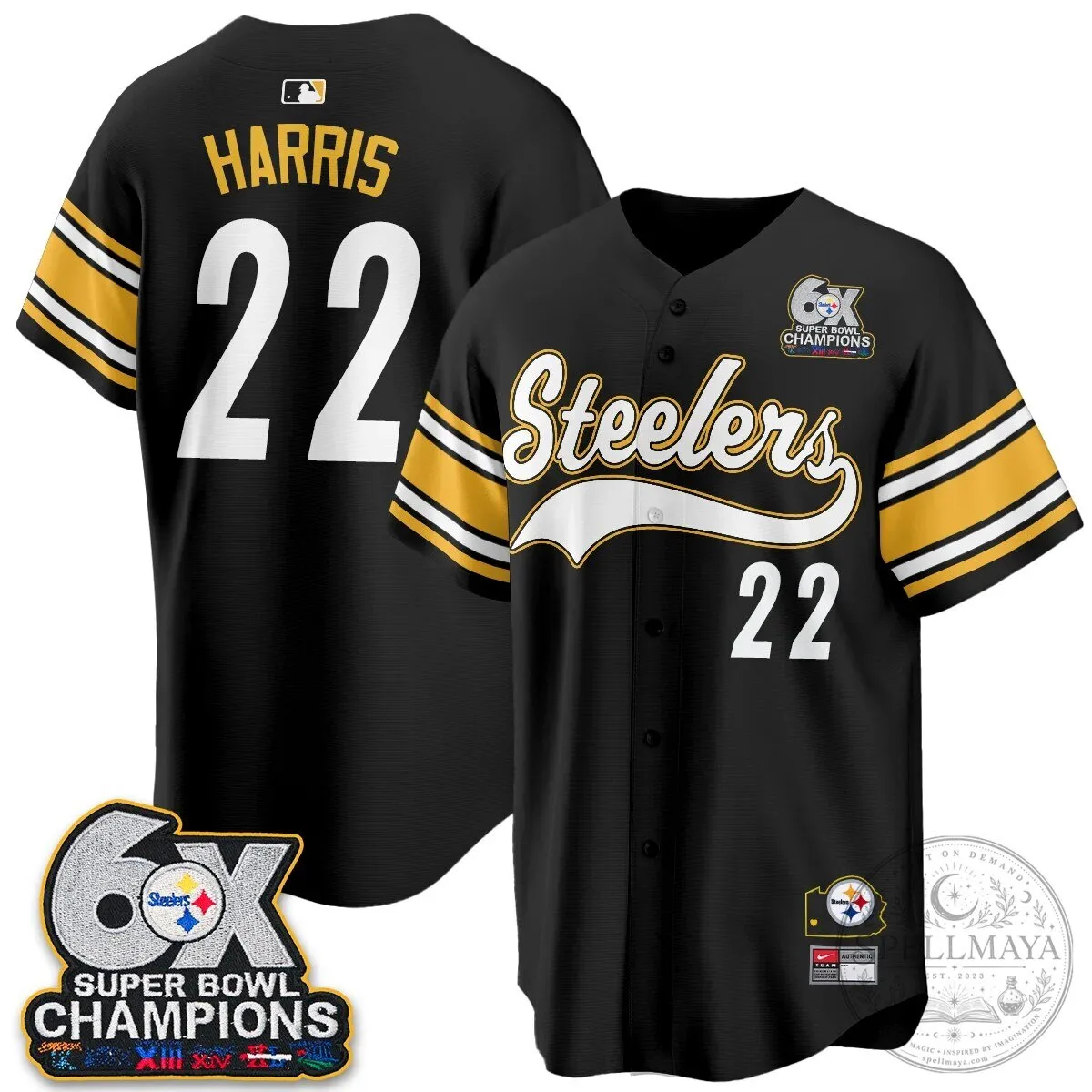 Pittsburgh Steelers TJ Watt 6X Super Bowl Champions Throwback Baseball Jersey 132 Pittsburgh Steelers TJ Watt 6X Super Bowl Champions Throwback Baseball Jersey
