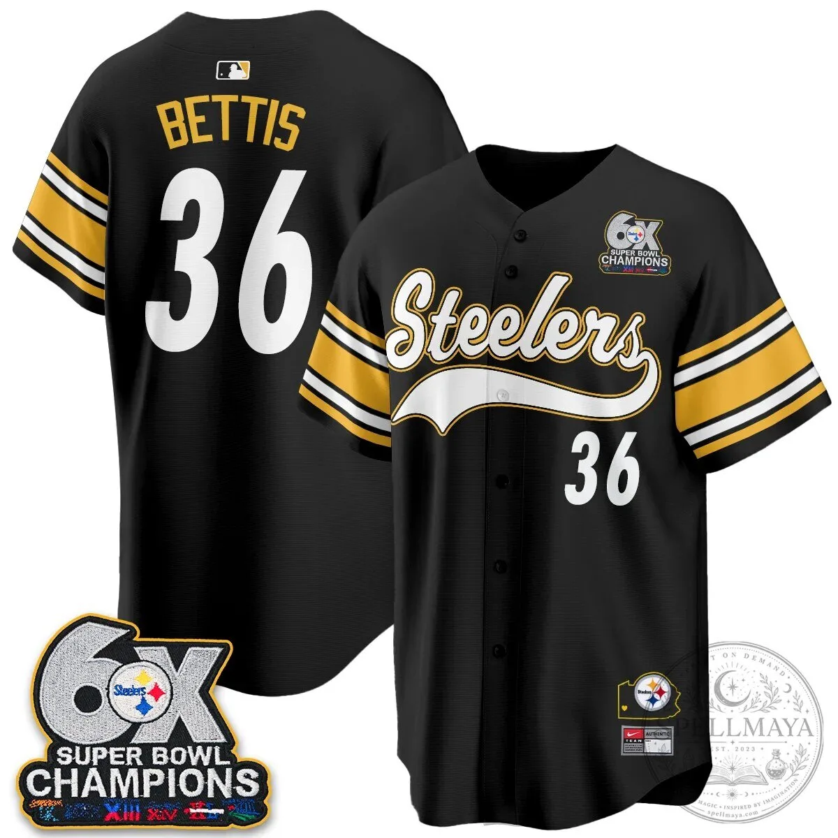 Pittsburgh Steelers TJ Watt 6X Super Bowl Champions Throwback Baseball Jersey 134 Pittsburgh Steelers TJ Watt 6X Super Bowl Champions Throwback Baseball Jersey