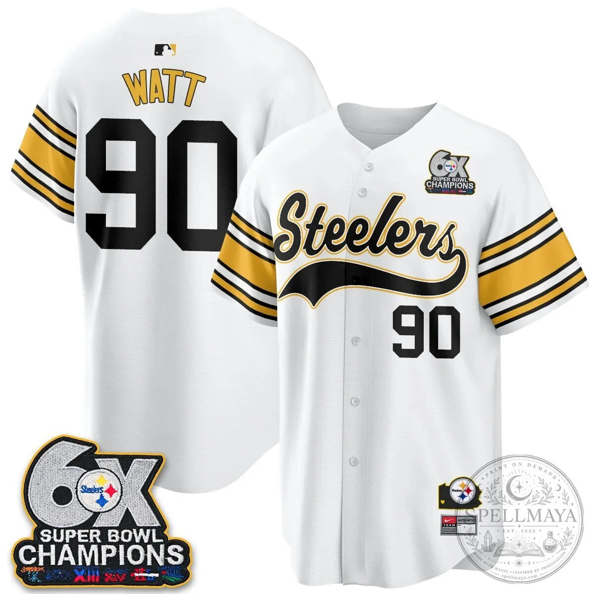 Pittsburgh Steelers TJ Watt 6X Super Bowl Champions Throwback Baseball Jersey 136 Pittsburgh Steelers TJ Watt 6X Super Bowl Champions Throwback Baseball Jersey