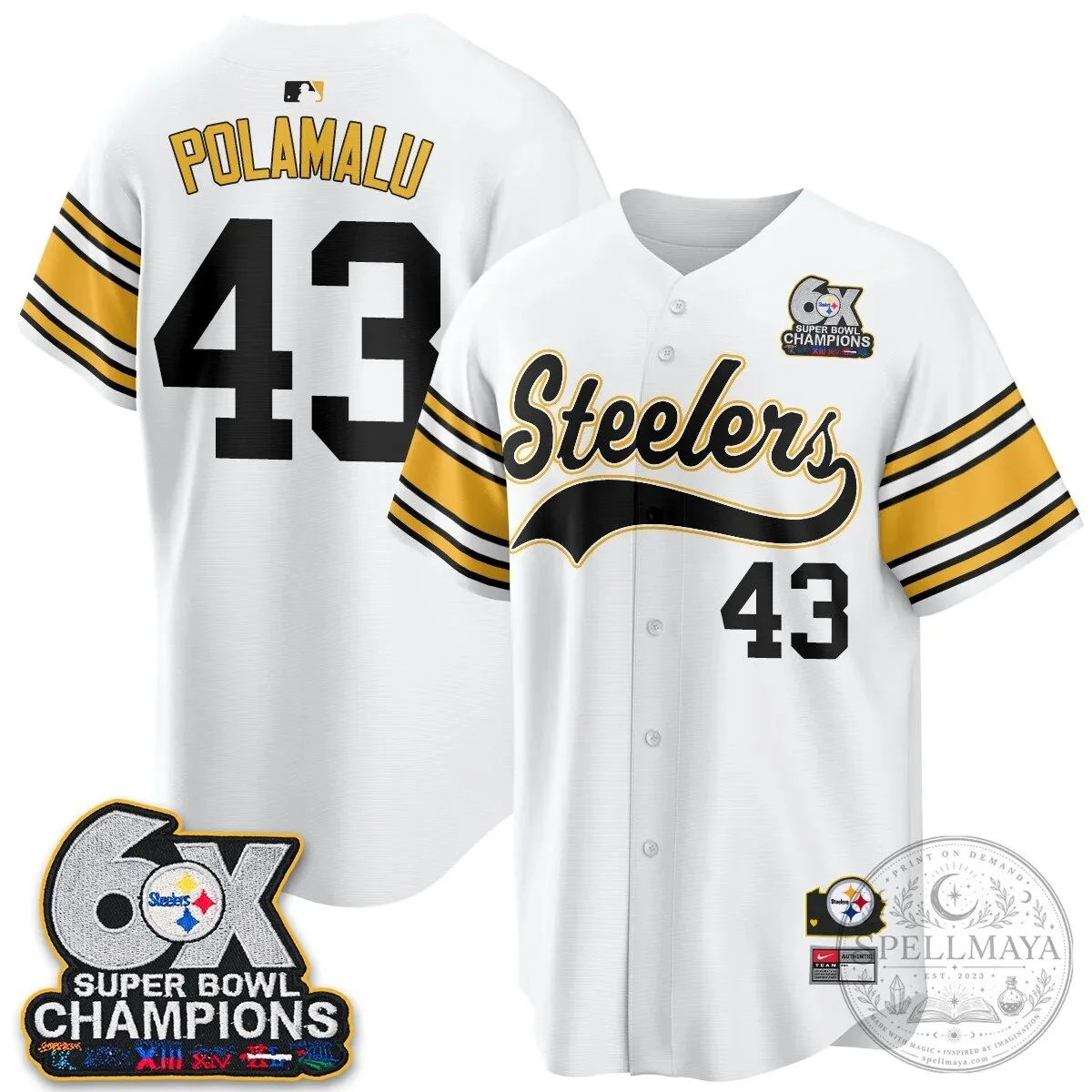 Pittsburgh Steelers TJ Watt 6X Super Bowl Champions Throwback Baseball Jersey 145 Pittsburgh Steelers TJ Watt 6X Super Bowl Champions Throwback Baseball Jersey