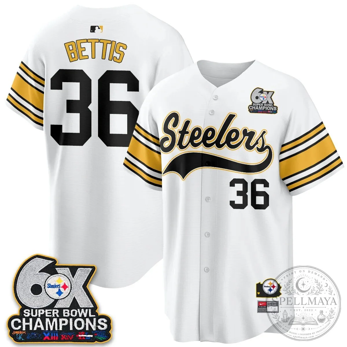 Pittsburgh Steelers TJ Watt 6X Super Bowl Champions Throwback Baseball Jersey 146 Pittsburgh Steelers TJ Watt 6X Super Bowl Champions Throwback Baseball Jersey