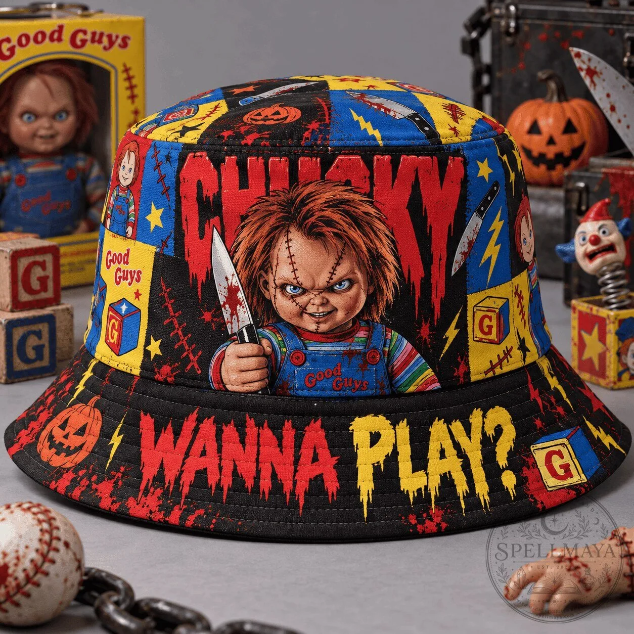 Horror Movie Graphic Bucket Hat featuring Chucky - Wanna Play Design