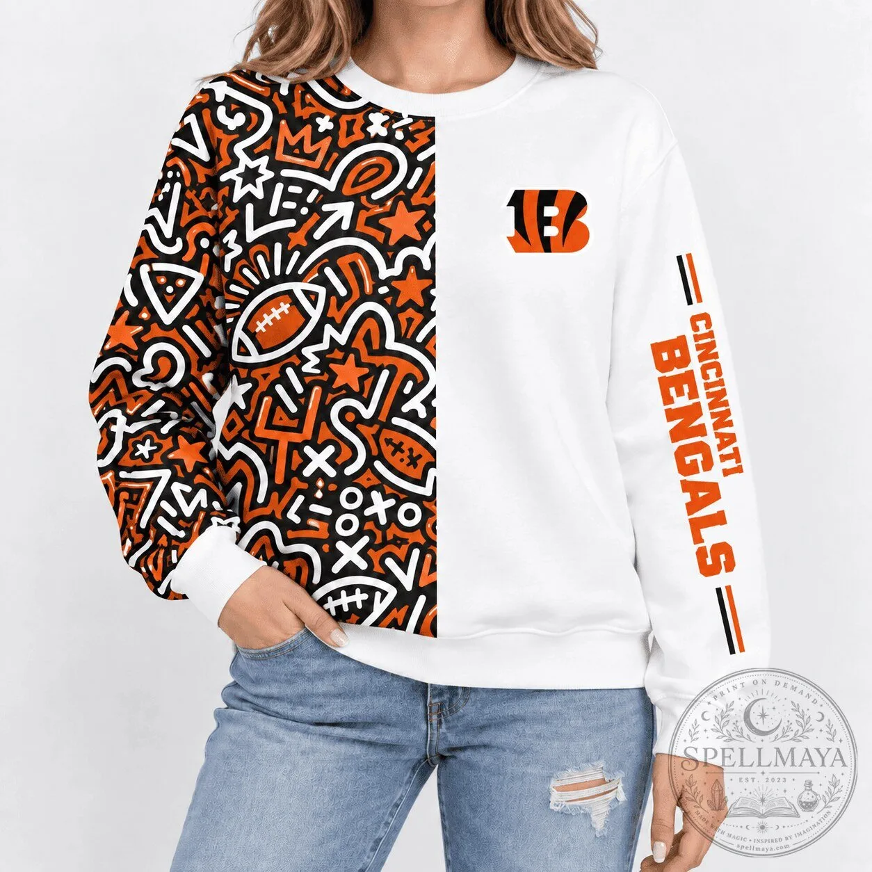 Cincinnati Bengals NFL Football Team Doodle Pattern White Crewneck Sweatshirt 5 Cincinnati Bengals NFL Football Team Doodle Pattern White Crewneck Sweatshirt