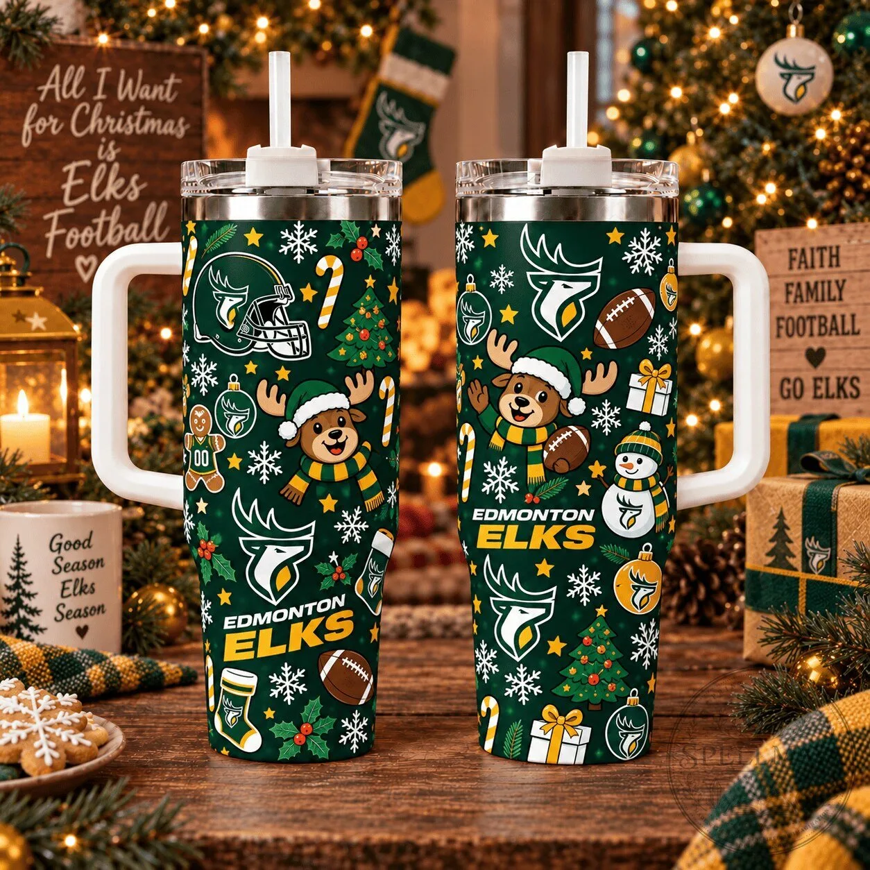 Edmonton Elks Football Christmas Holiday Pattern Insulated Tumbler with Handle
