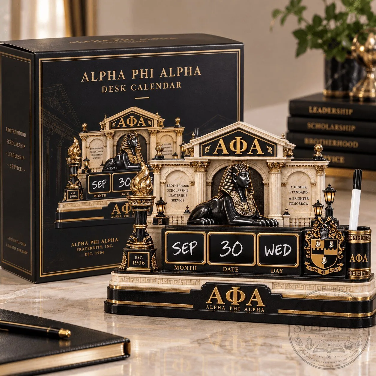 Alpha Phi Alpha Fraternity Desk Calendar with Pen Holder and Sphinx Design