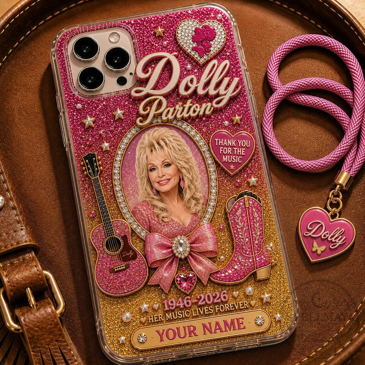 Dolly Parton Thank You For The Music Pink Glitter Phone Case