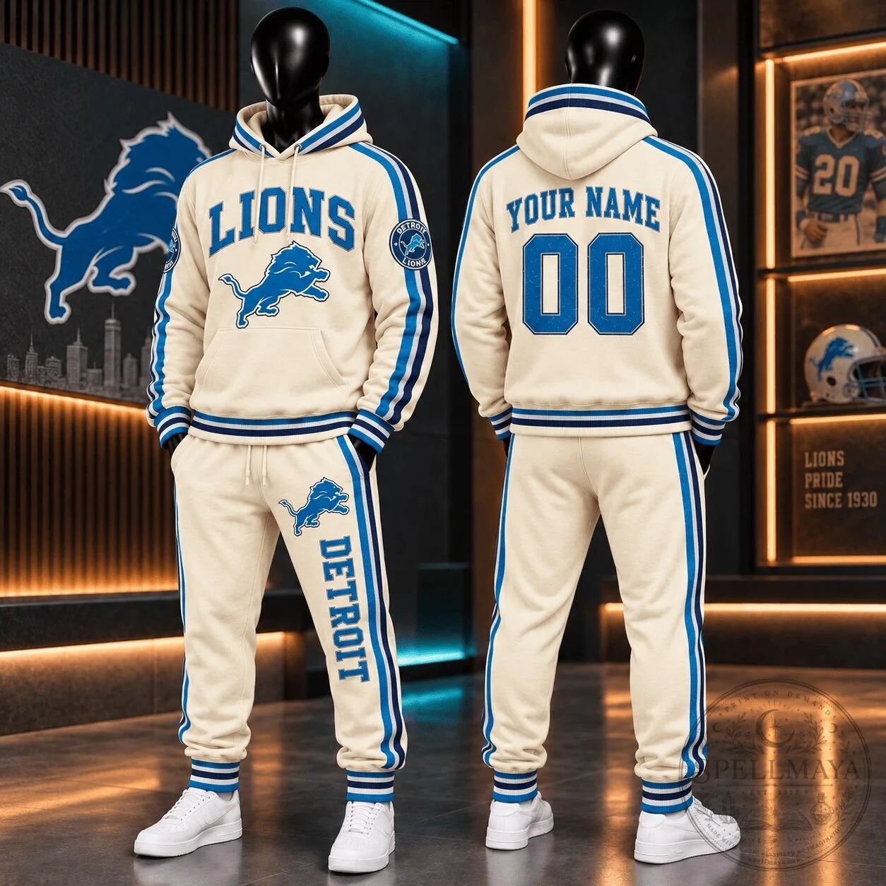 Detroit Lions Fan Personalized Retro Cream Hoodie and Jogger Pants Set