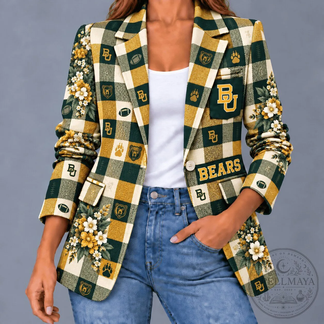 Baylor Bears Football Floral Plaid Women's Blazer Jacket