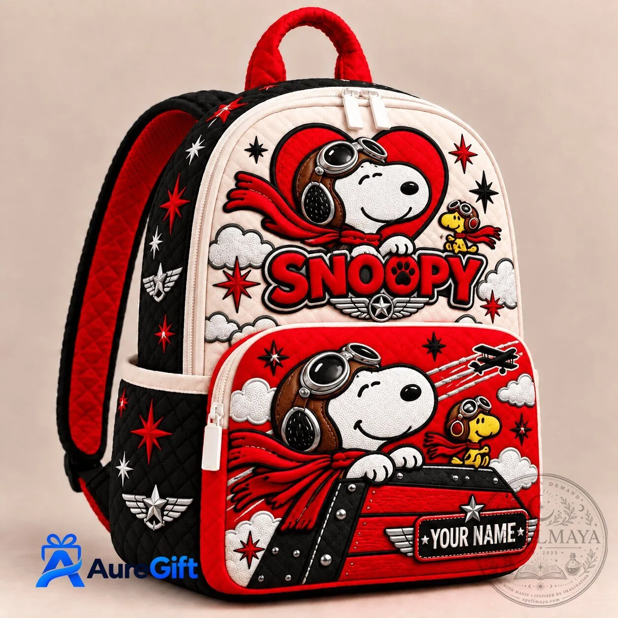 Snoopy Flying Ace Personalized Quilted Backpack with Woodstock