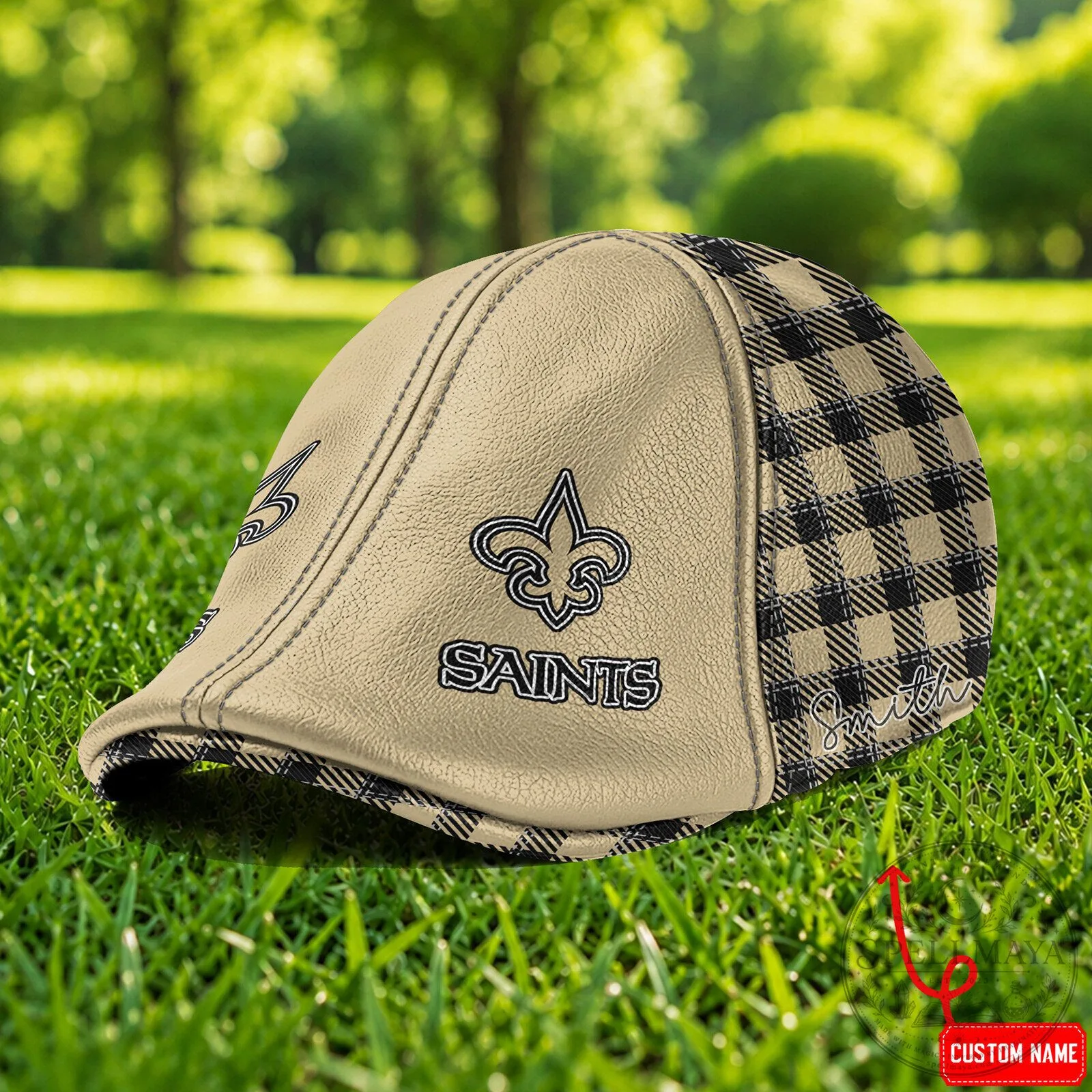 New Orleans Saints NFL Football Team Logo Custom Name Plaid Flat Cap