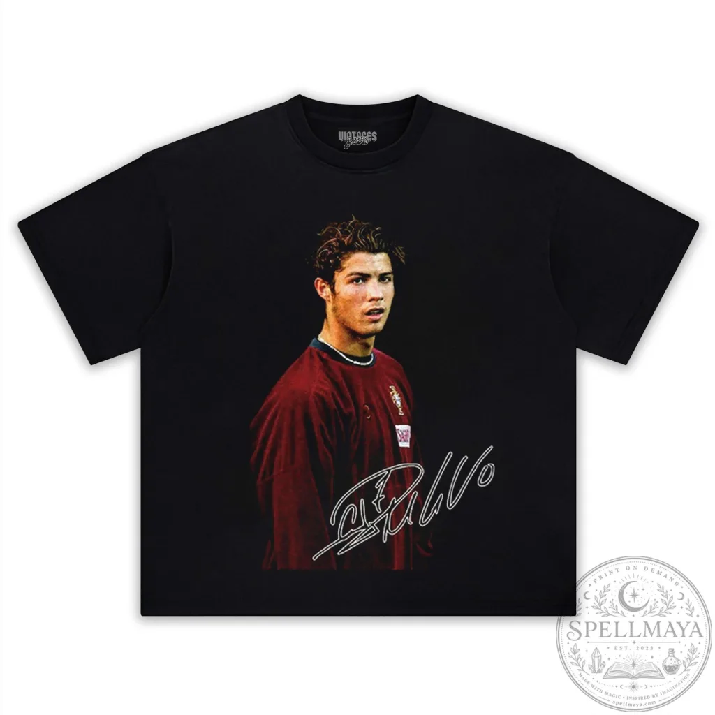 Cristiano Ronaldo Young Portrait Signature Black Cotton T-Shirt 60 Cristiano Ronaldo Young Portrait Signature Black Cotton T-Shirt