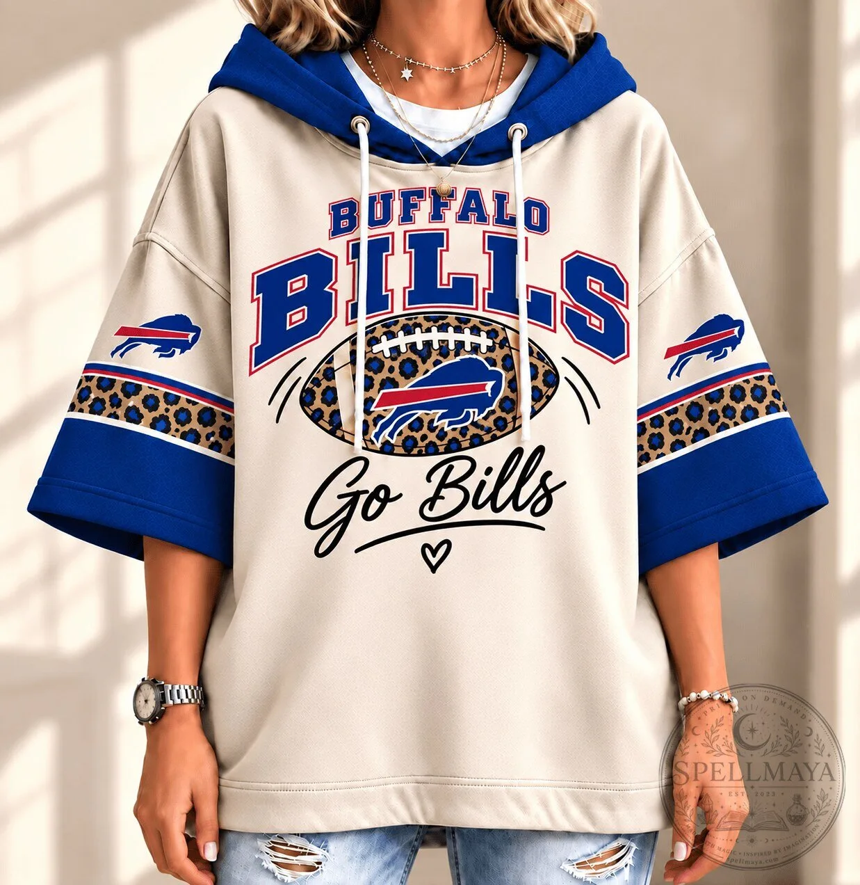 Buffalo Bills Leopard Print Football Fan Short Sleeve Hoodie