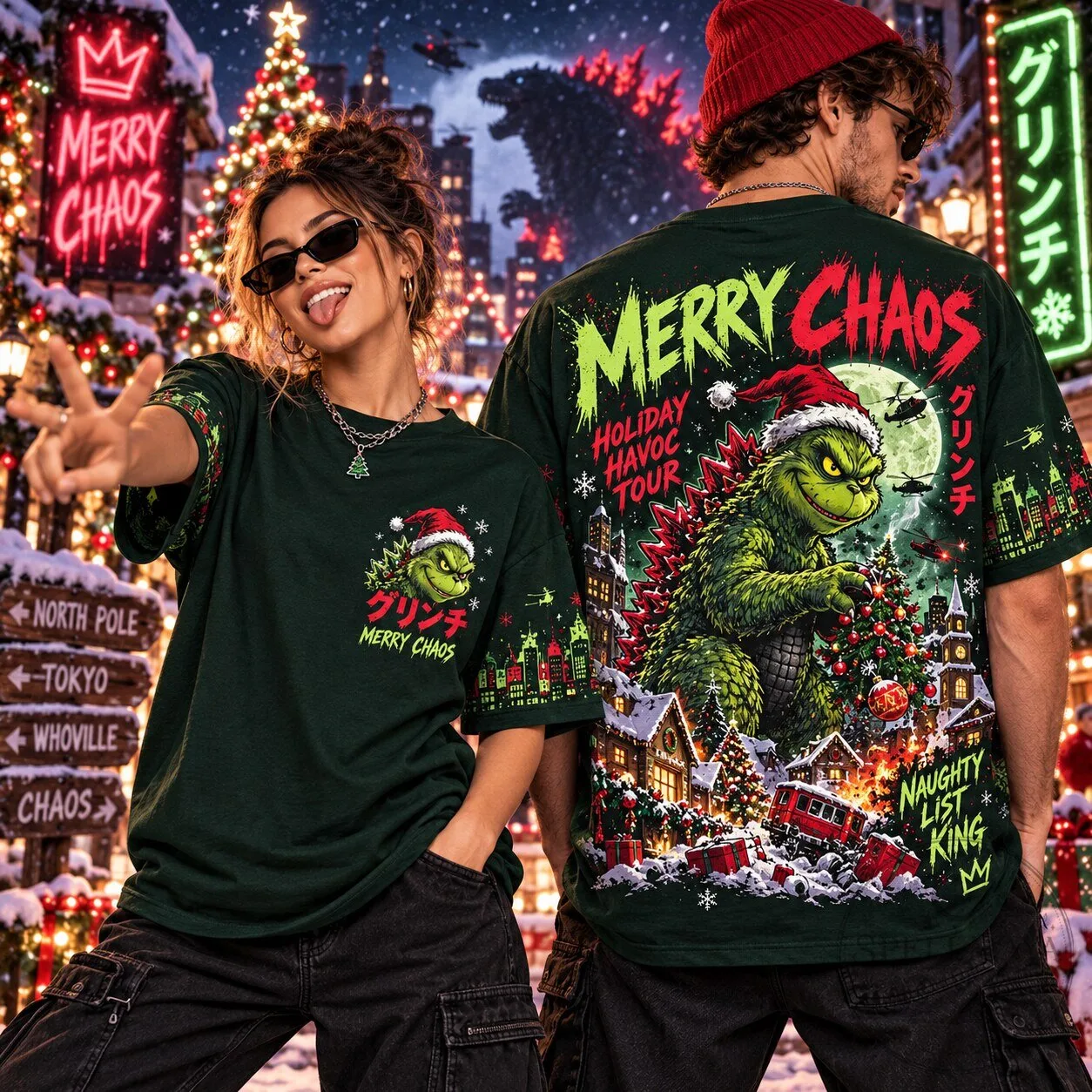 Grinch Godzilla Christmas Holiday Havoc Tour Merry Chaos Naughty List King T-Shirt
