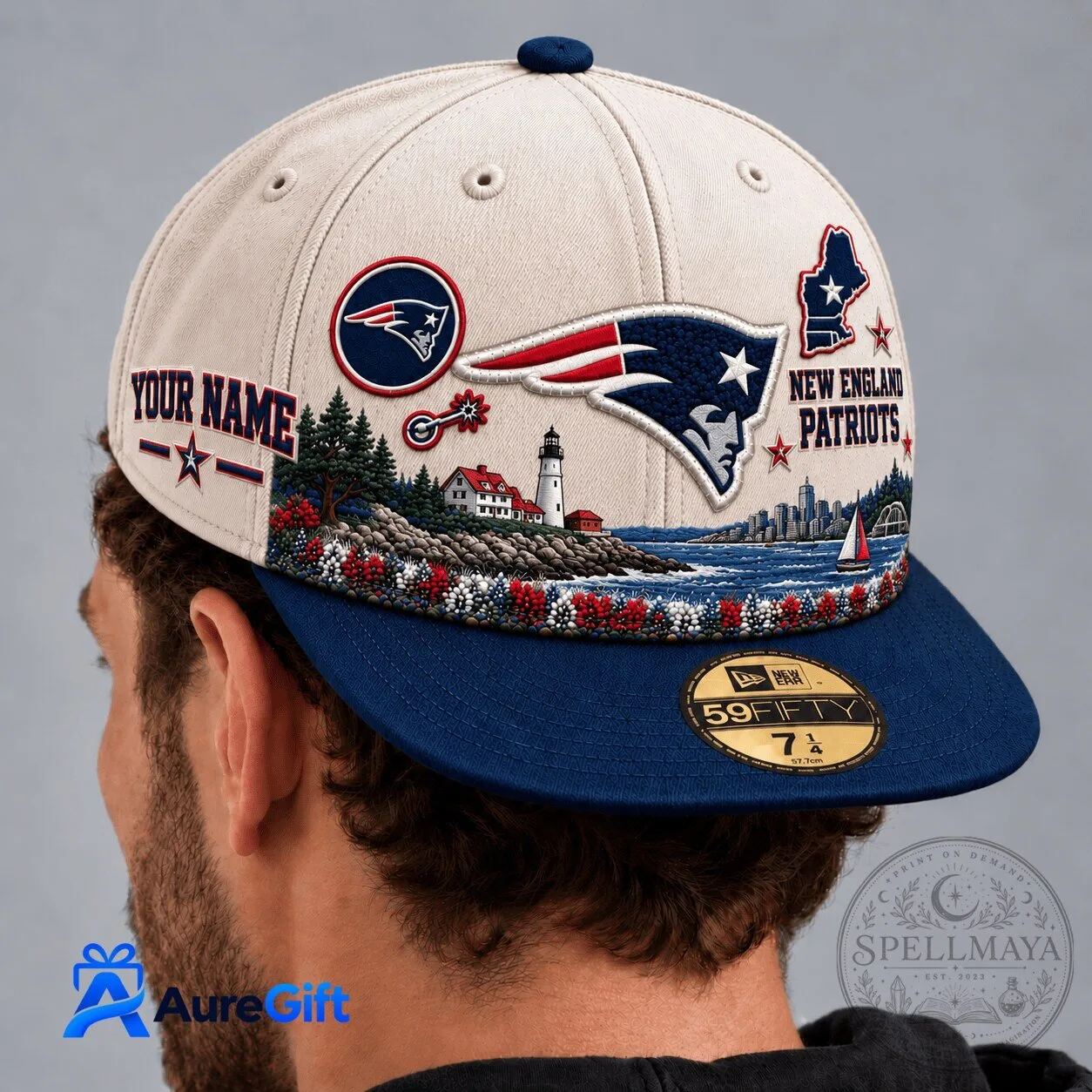 New England Patriots Personalized Lighthouse Seascape Baseball Cap Hat