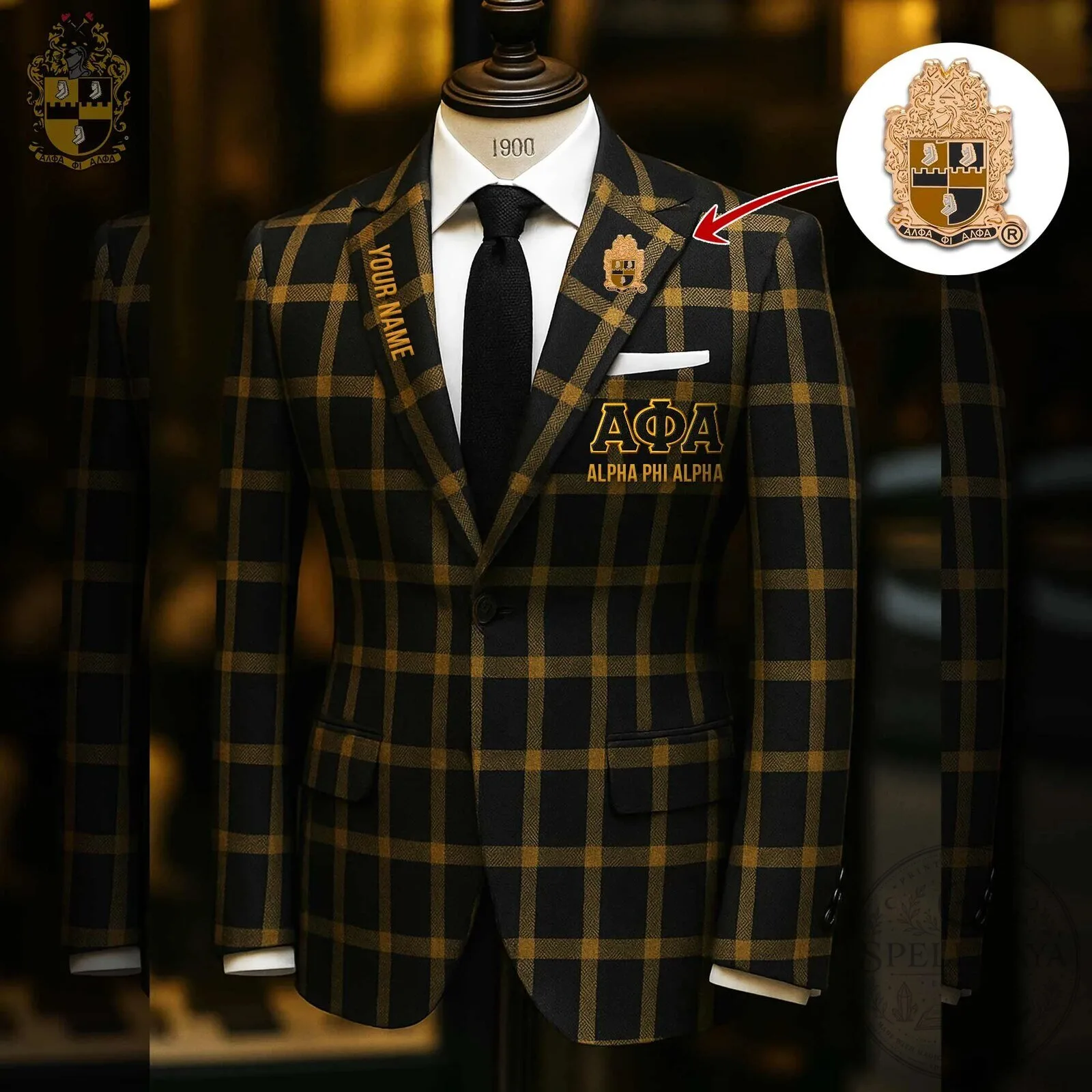 Alpha Phi Alpha Fraternity Black and Gold Plaid Custom Name Suit Jacket