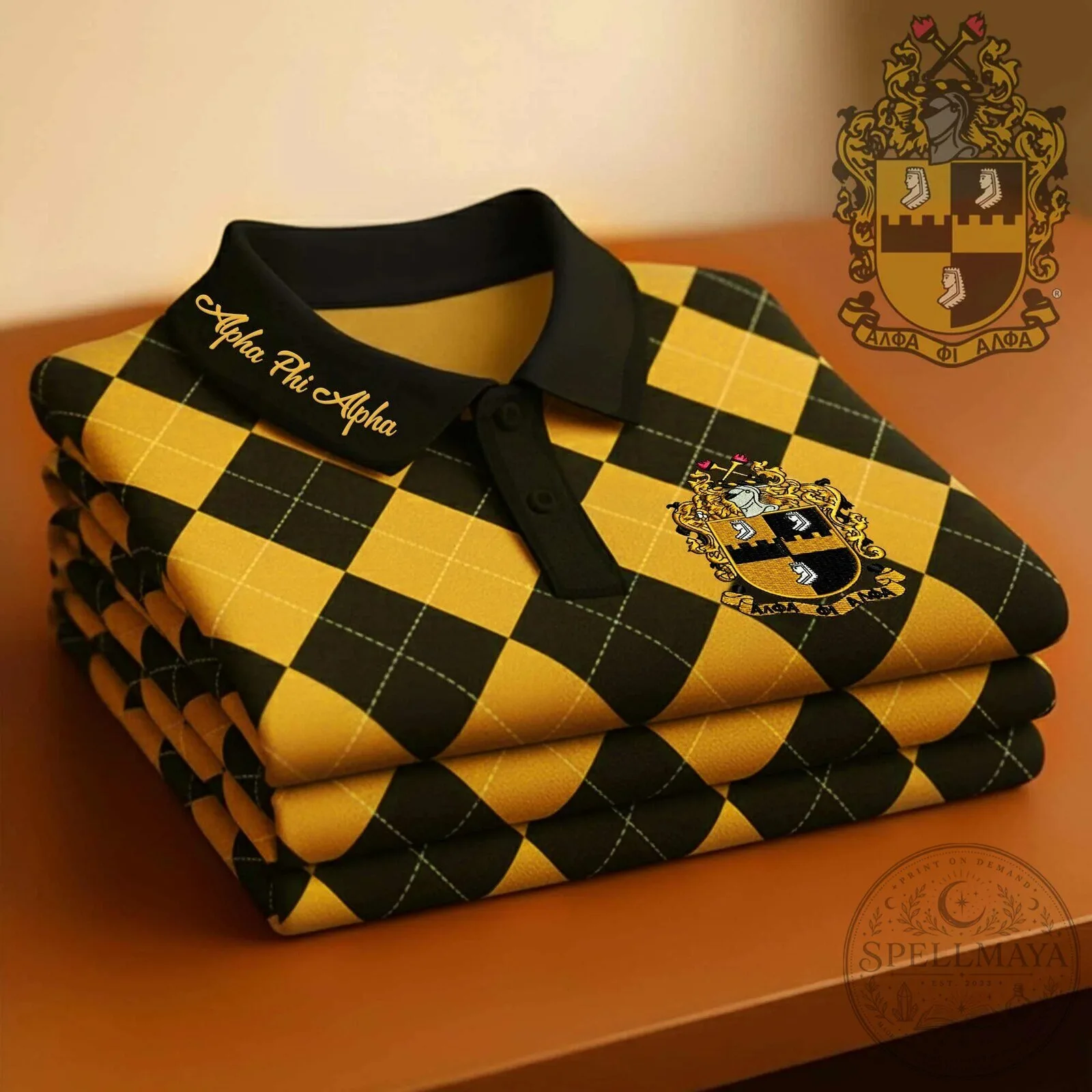 Alpha Phi Alpha Fraternity Black and Gold Argyle Pattern Polo Shirt 1 Alpha Phi Alpha Fraternity Black and Gold Argyle Pattern Polo Shirt