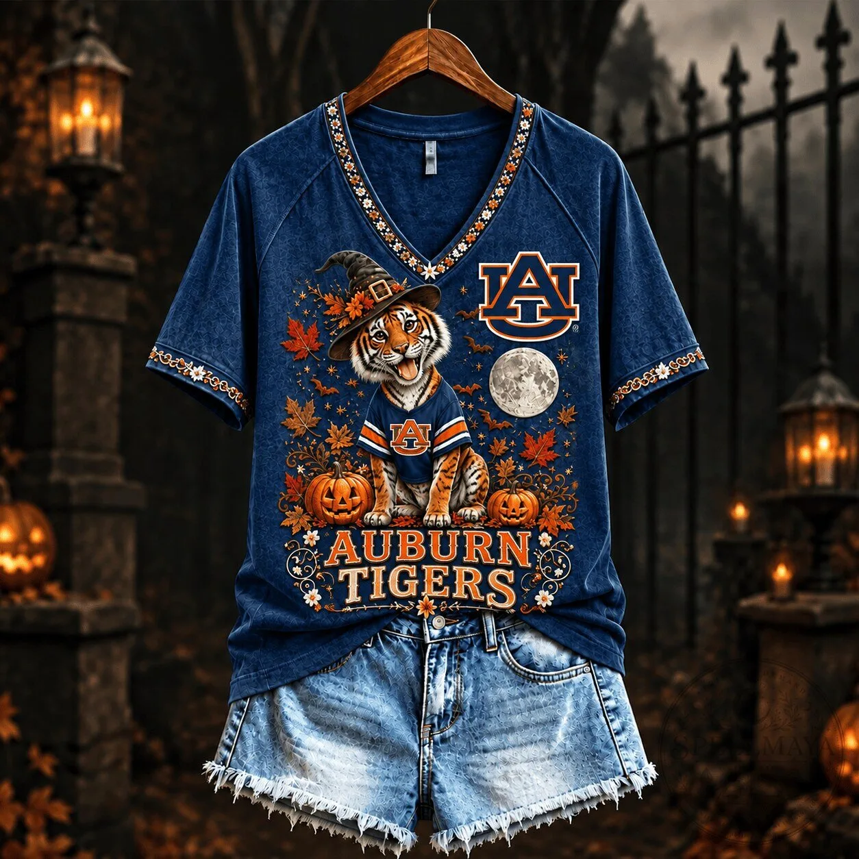 Auburn Tigers Spooky Season Mascot V-Neck T-Shirt