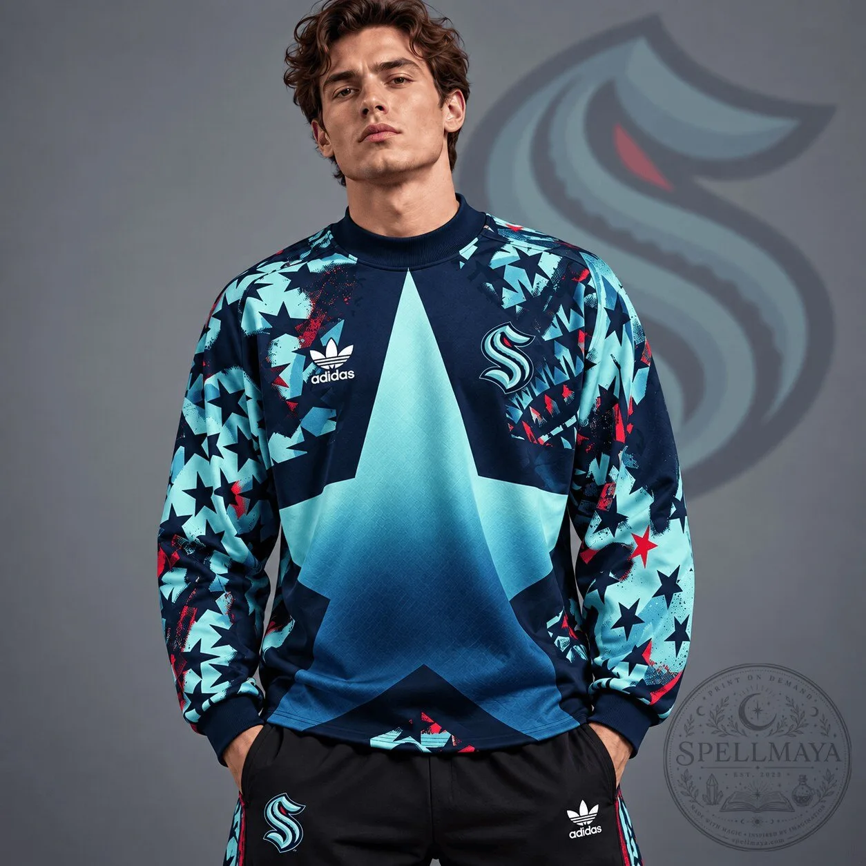 Seattle Kraken NHL Retro Starburst All Over Print Crewneck Sweatshirt