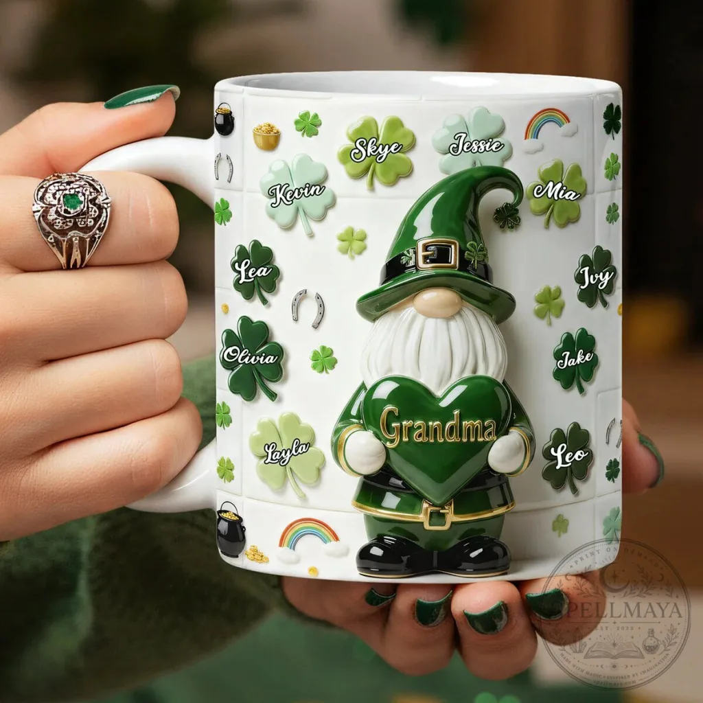 Personalized Lucky Gnome Grandma Mug with Grandkids Names for St Patrick's Day 1 Personalized Lucky Gnome Grandma Mug with Grandkids Names for St Patrick's Day