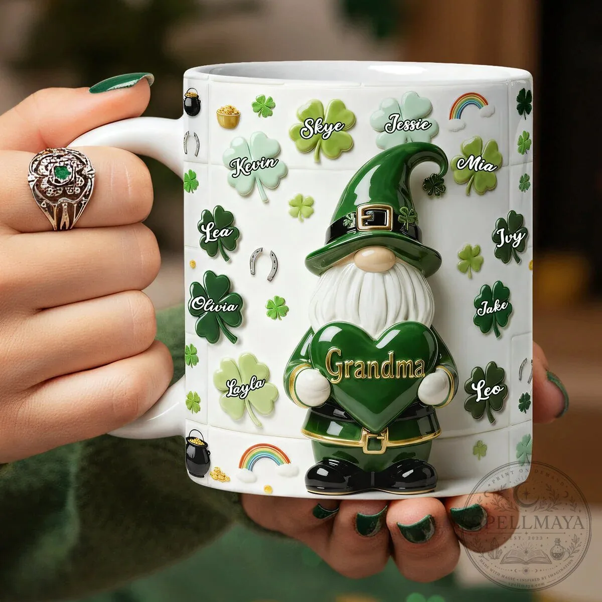 Personalized Lucky Gnome Grandma Mug with Grandkids Names for St Patrick's Day