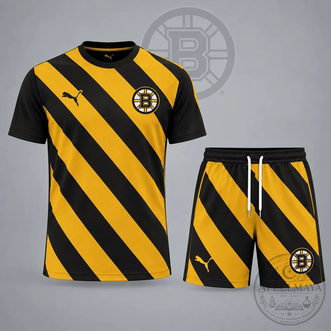 Boston Bruins Black and Gold Diagonal Stripe Hockey Jersey and Shorts Set