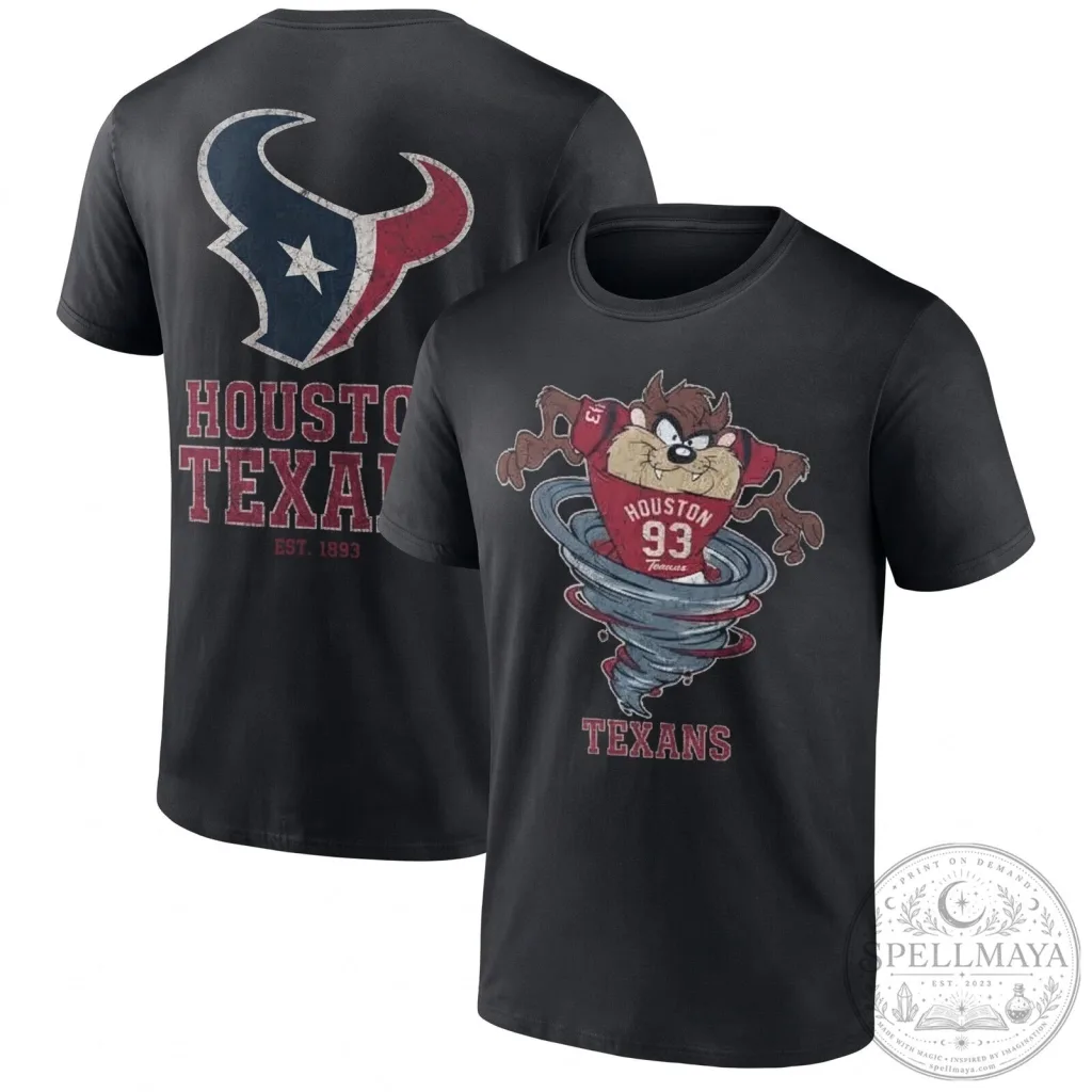 Houston Texans Taz Looney Tunes Tornado Distressed Black T-Shirt Houston Texans Taz Looney Tunes Tornado Distressed Black T-Shirt