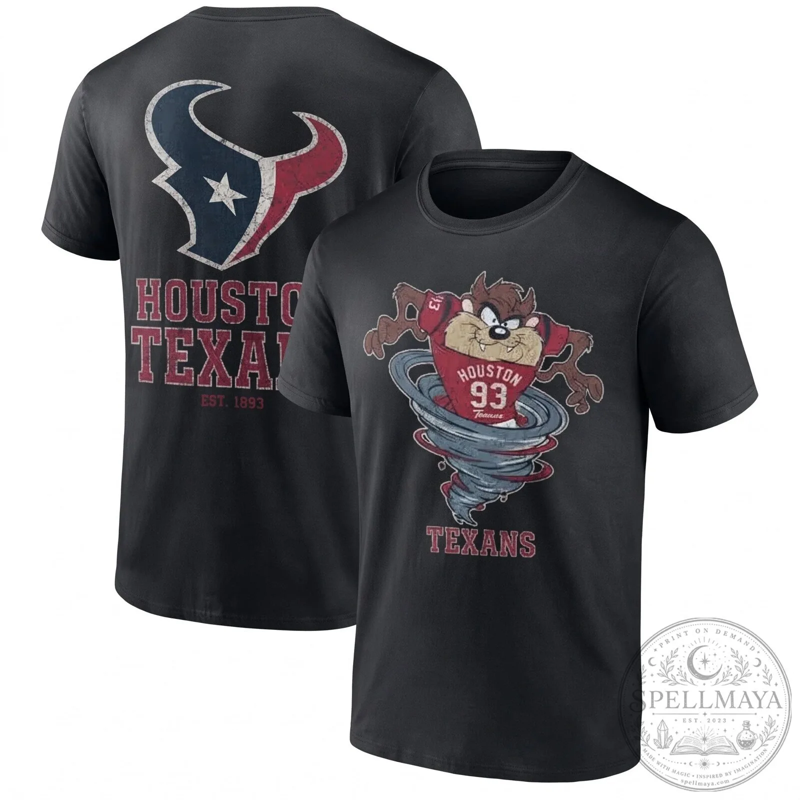 Houston Texans Taz Looney Tunes Tornado Distressed Black T-Shirt