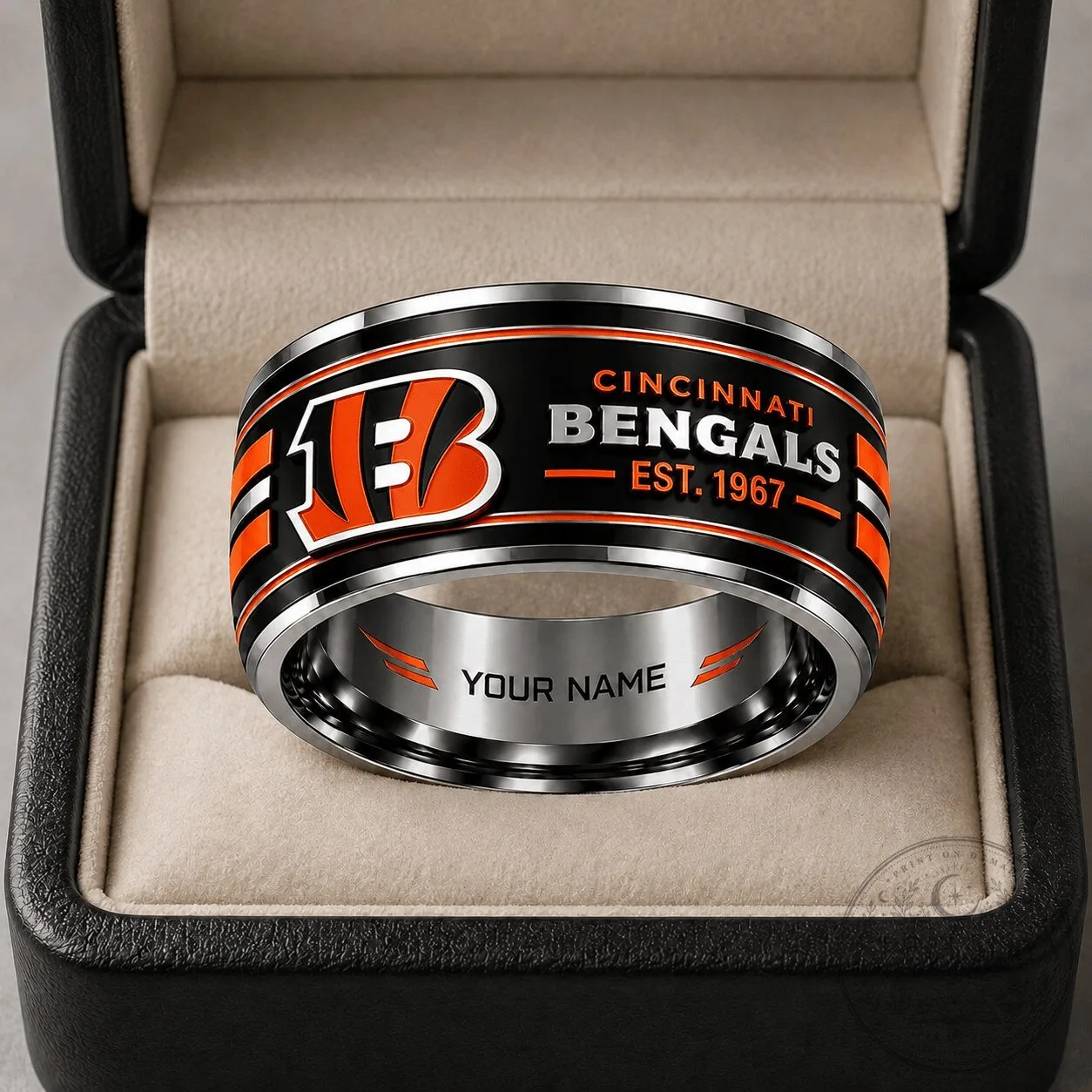 Cincinnati Bengals Personalized Black and Orange Tungsten Steel Ring