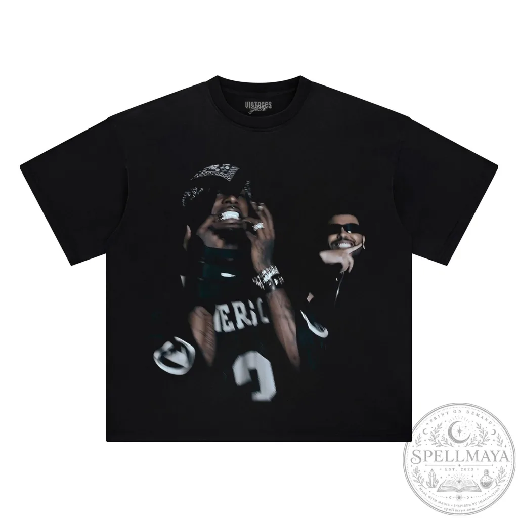 Playboi Carti and The Weeknd Black Graphic Print T-Shirt Playboi Carti and The Weeknd Black Graphic Print T-Shirt