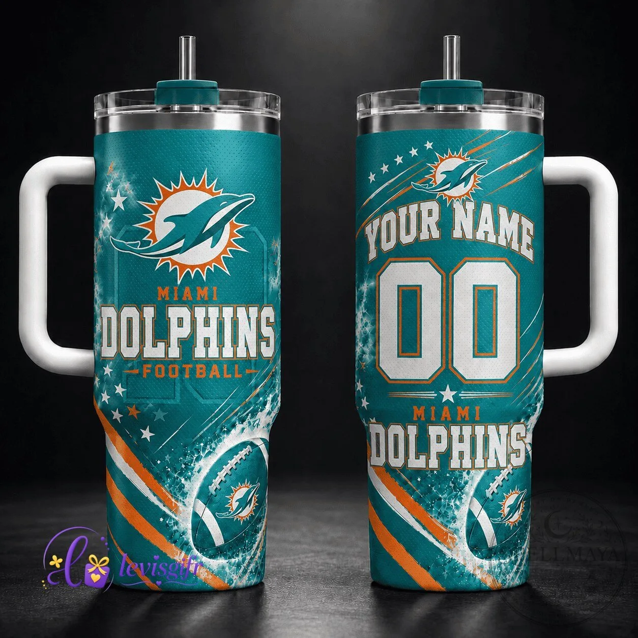 Miami Dolphins Football Team Personalized Name And Number Insulated Tumbler