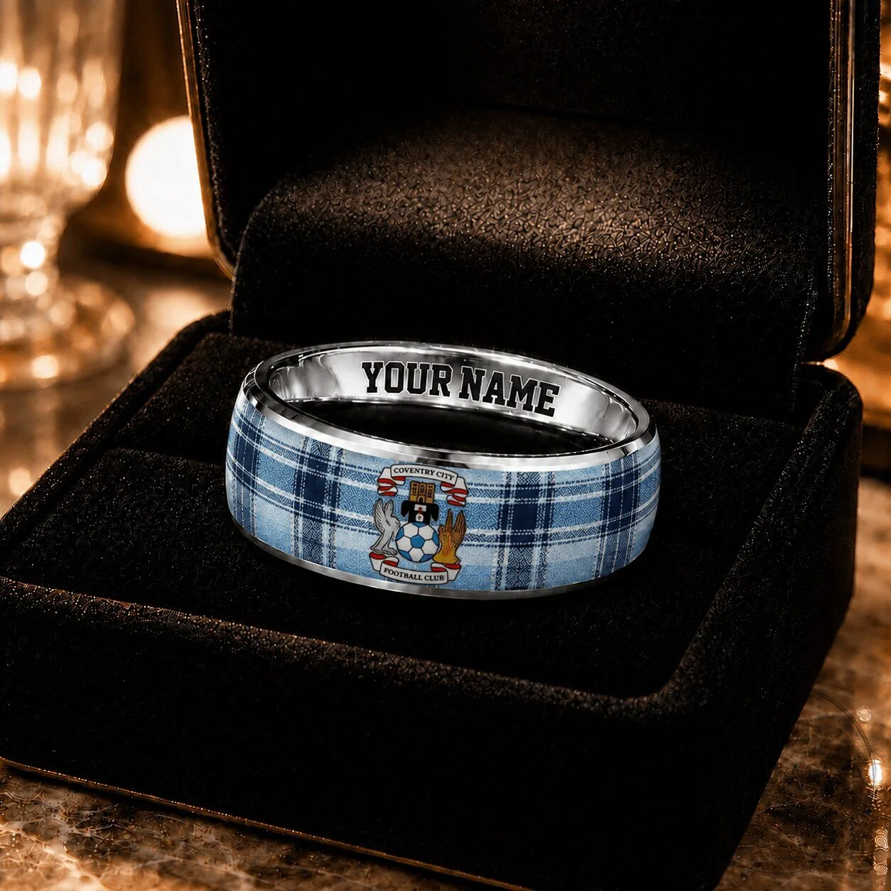 Coventry City Football Club Plaid Pattern Personalized Name Ring