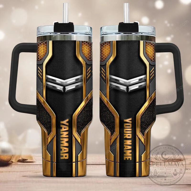 Yanmar Company Logo Black Gold Pattern Insulated Tumbler with Handle
