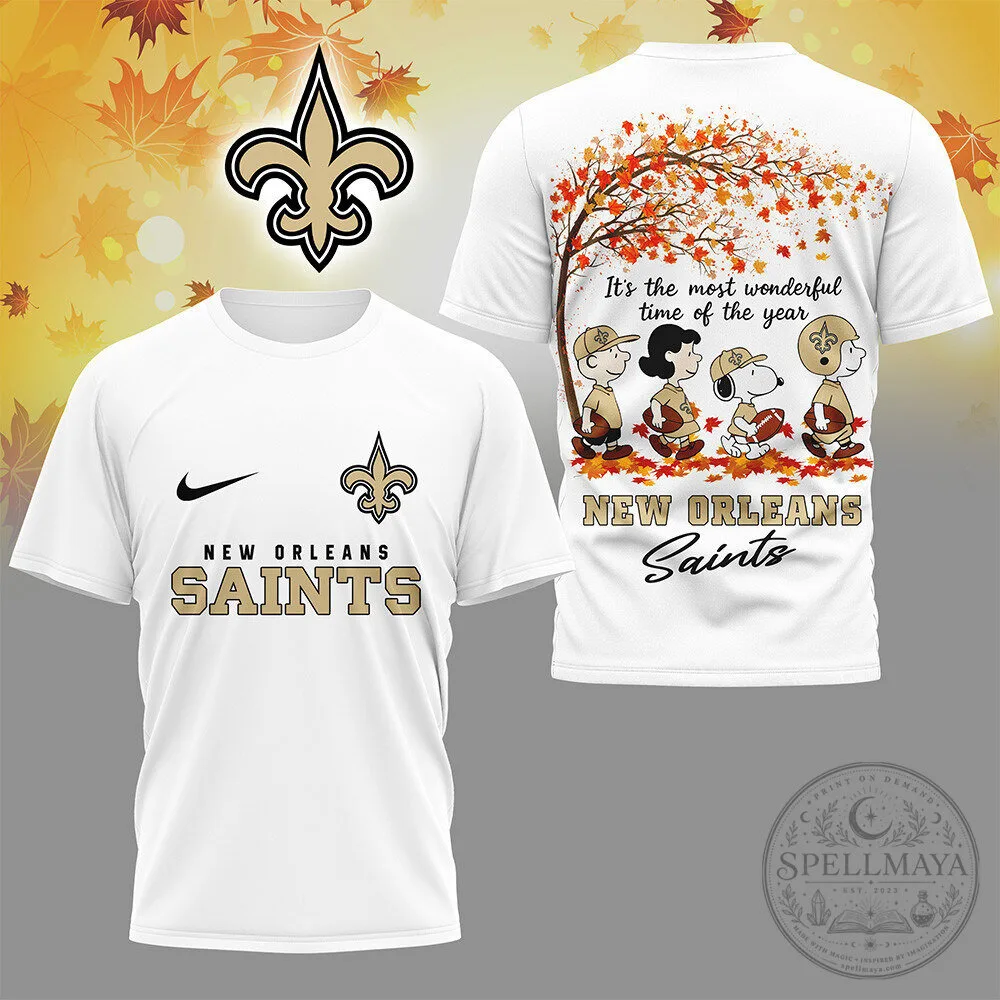 New Orleans Saints Snoopy Peanuts Autumn Fall Season White T-Shirt 1 New Orleans Saints Snoopy Peanuts Autumn Fall Season White T-Shirt