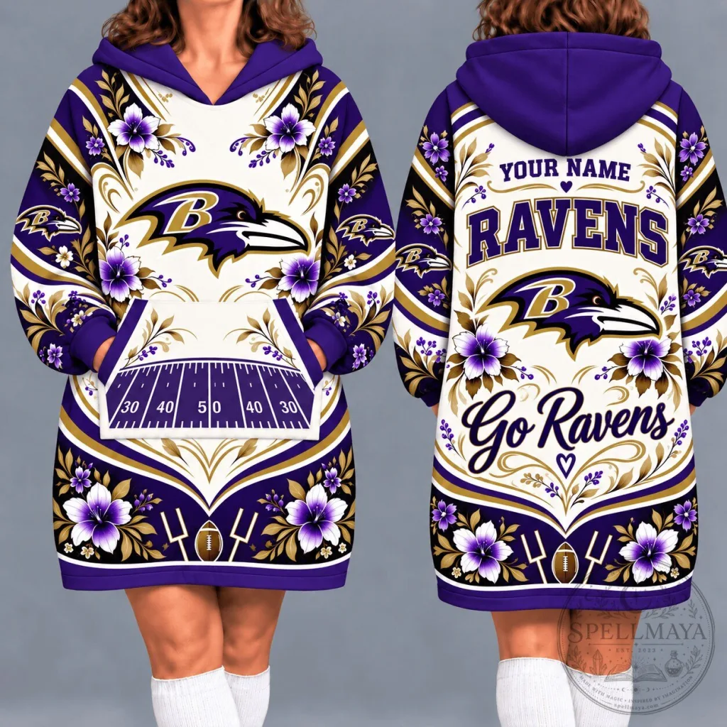 Baltimore Ravens Floral Pattern Oversized Hoodie Blanket with Custom Name Baltimore Ravens Floral Pattern Oversized Hoodie Blanket with Custom Name