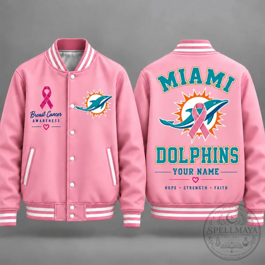 Miami Dolphins Breast Cancer Awareness Personalized Pink Varsity Jacket Miami Dolphins Breast Cancer Awareness Personalized Pink Varsity Jacket