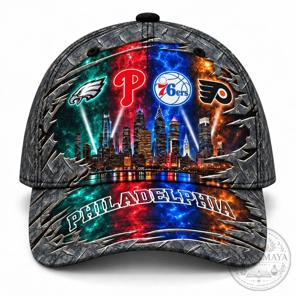 Philadelphia Sports Teams Metallic Skyline Diamond Plate Cap Hat Philadelphia Sports Teams Metallic Skyline Diamond Plate Cap Hat