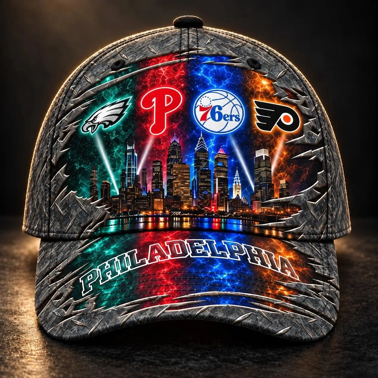 Philadelphia Sports Teams Metallic Skyline Diamond Plate Cap Hat 14 Philadelphia Sports Teams Metallic Skyline Diamond Plate Cap Hat