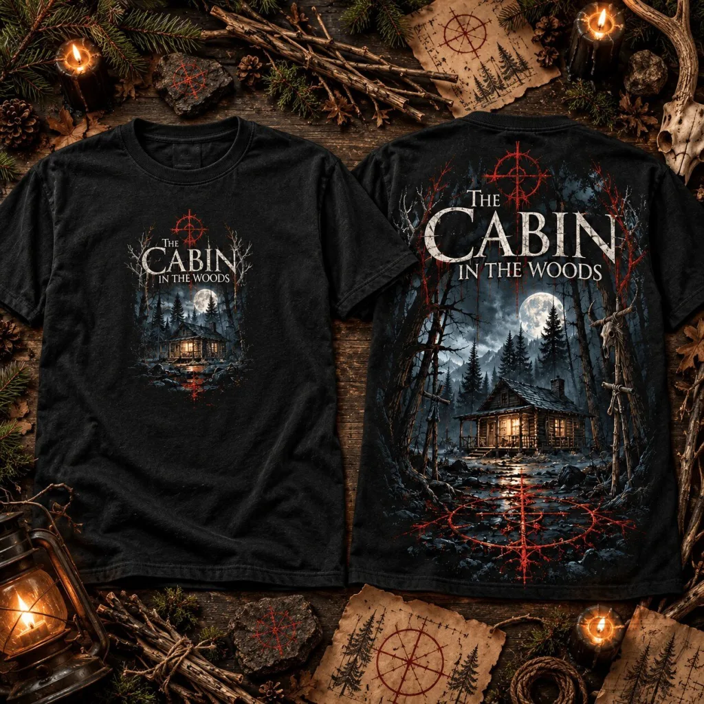 Black T-Shirt Featuring Horror Movie Poster Design of The Cabin in the Woods Black T-Shirt Featuring Horror Movie Poster Design of The Cabin in the Woods