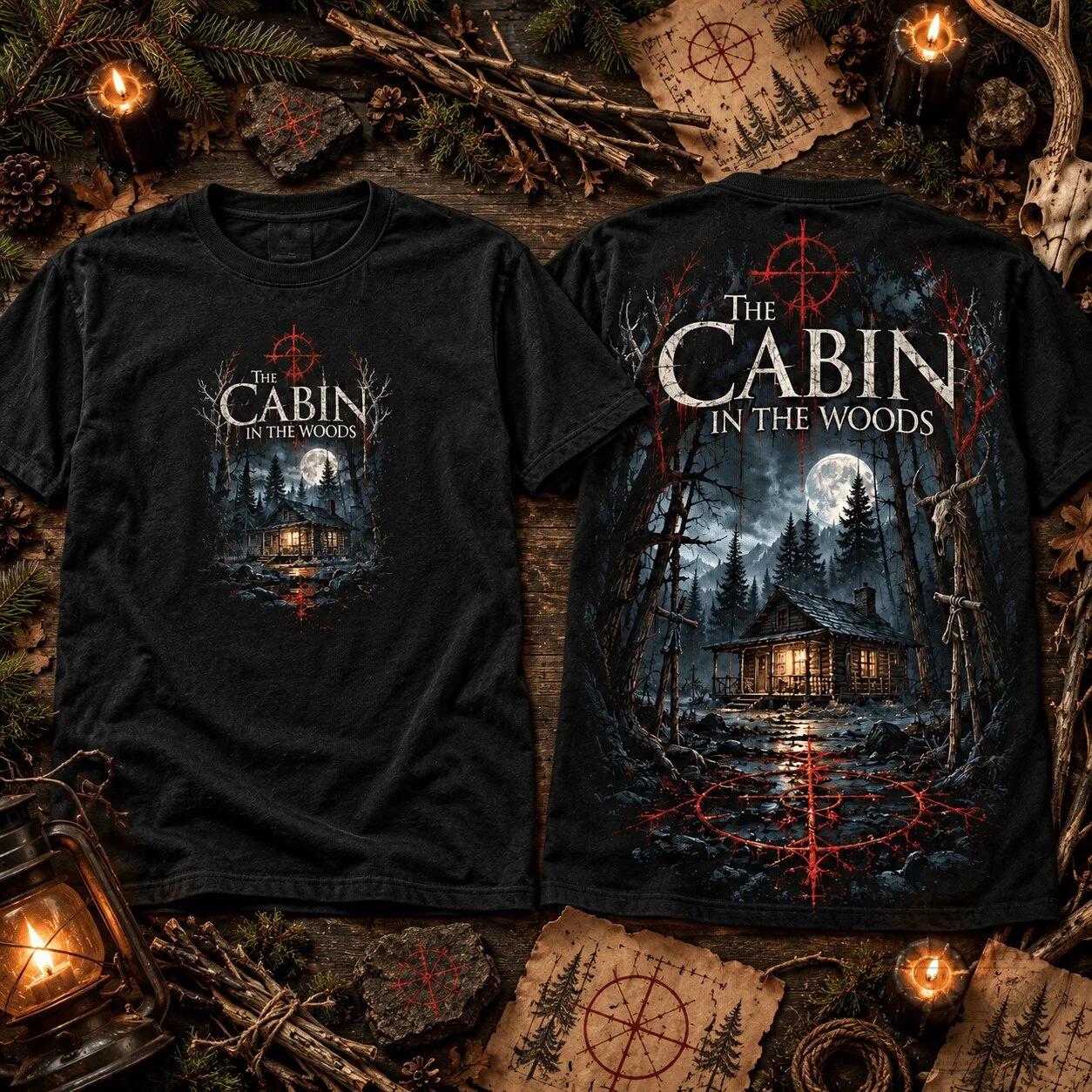 Black T-Shirt Featuring Horror Movie Poster Design of The Cabin in the Woods