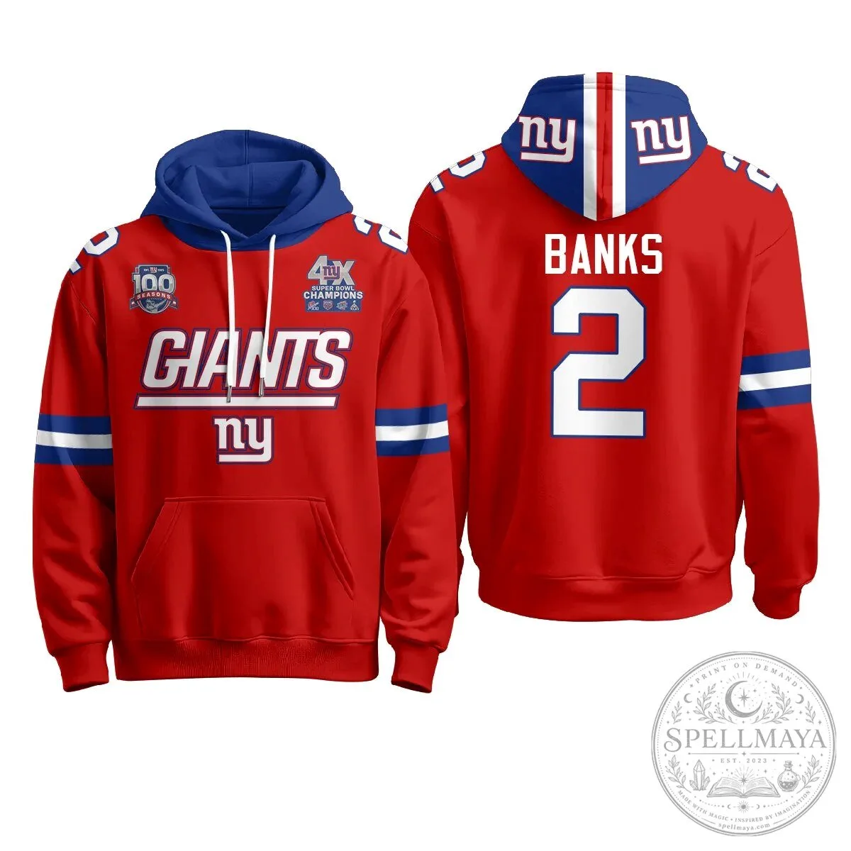 New York Giants Four Time Super Bowl Champions Red Football Hoodie 48 New York Giants Four Time Super Bowl Champions Red Football Hoodie