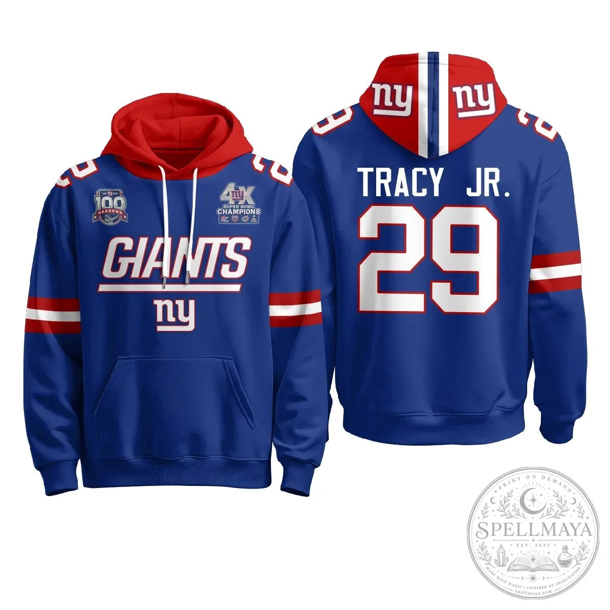 New York Giants Four Time Super Bowl Champions Red Football Hoodie 50 New York Giants Four Time Super Bowl Champions Red Football Hoodie