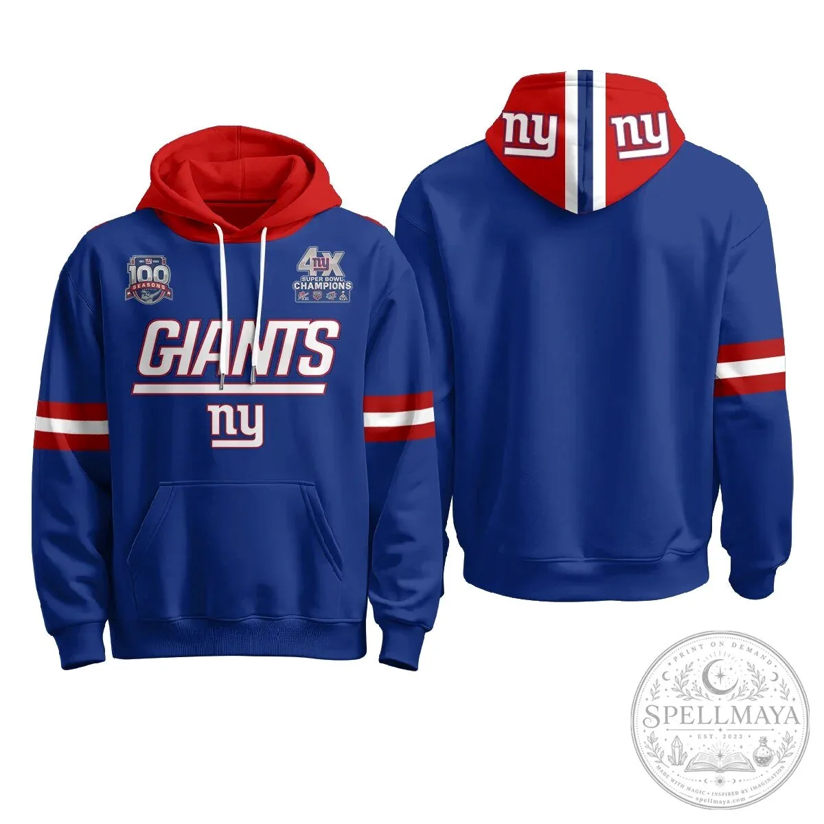 New York Giants Four Time Super Bowl Champions Red Football Hoodie 54 New York Giants Four Time Super Bowl Champions Red Football Hoodie