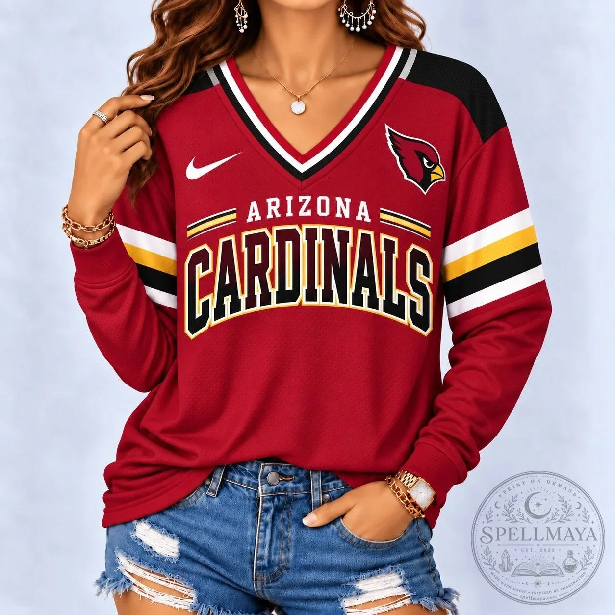 Arizona Cardinals Football Team Red and Black V-Neck Long Sleeve Shirt