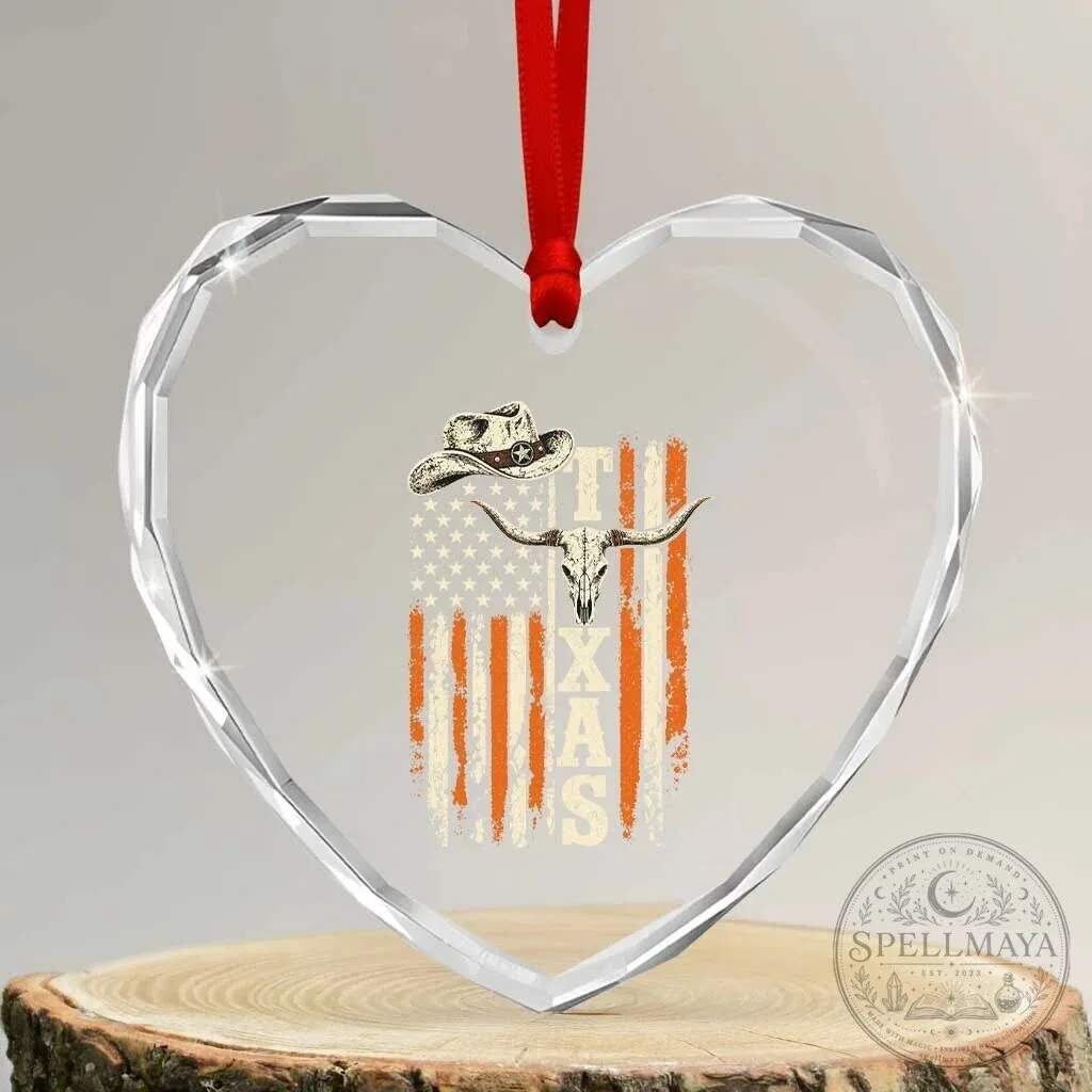 Texas Western Heart Crystal Glass Ornament Distressed American Flag Longhorn Skull