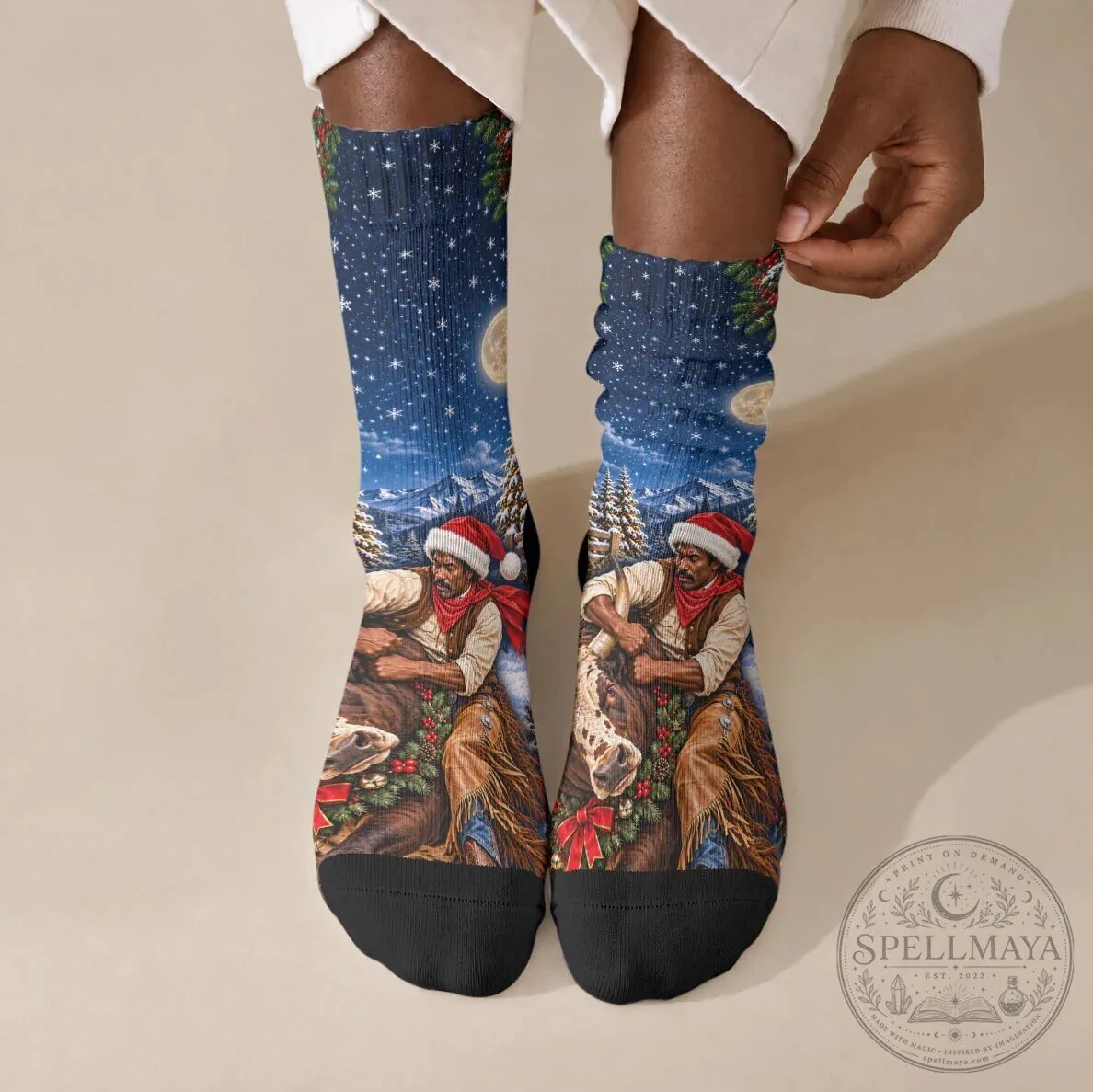 Bill Pickett Christmas Bull Rider Crew Socks Snowy Winter Western Rodeo Night