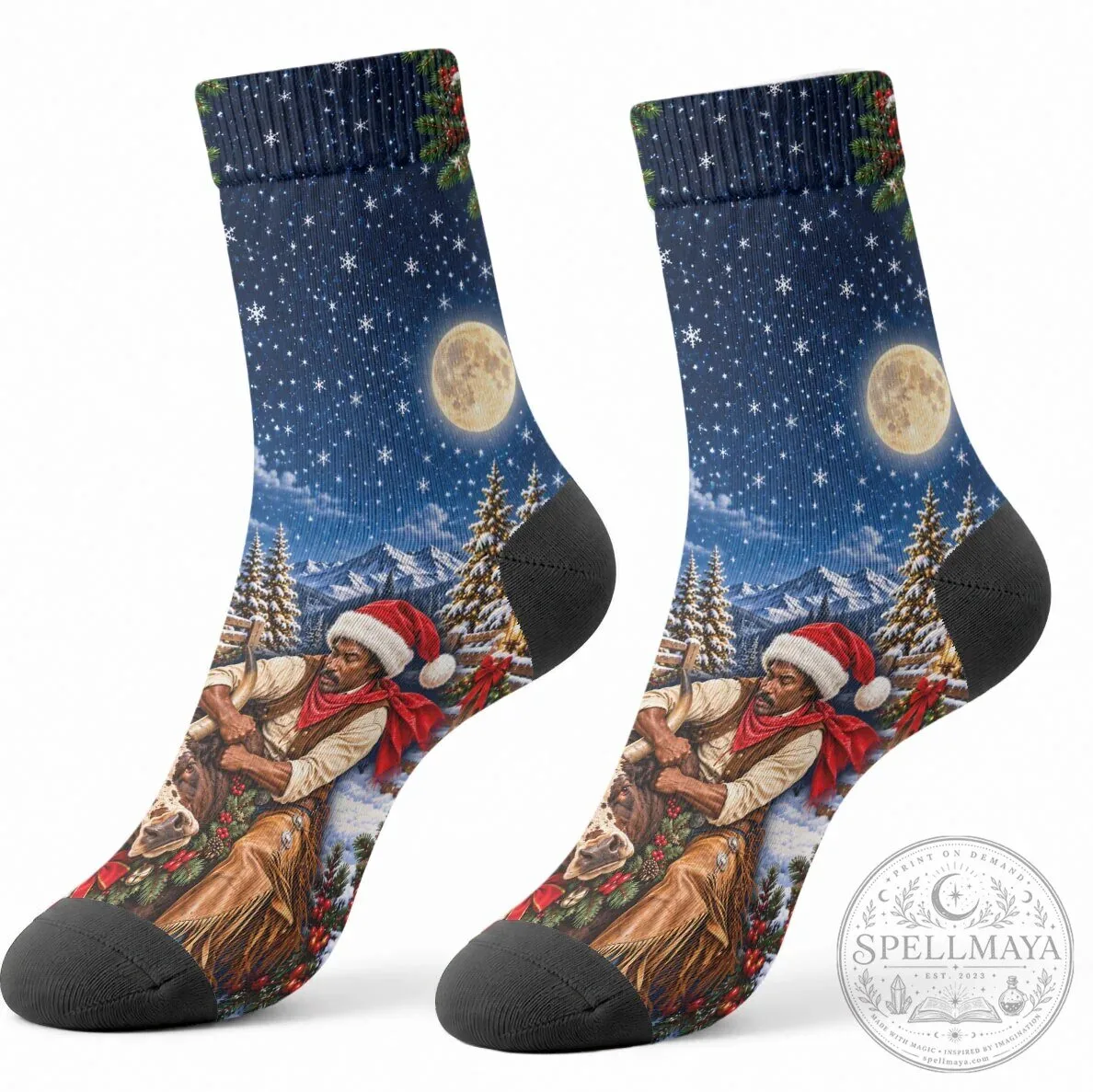Bill Pickett Christmas Bull Rider Crew Socks Snowy Winter Western Rodeo Night 10 Bill Pickett Christmas Bull Rider Crew Socks Snowy Winter Western Rodeo Night