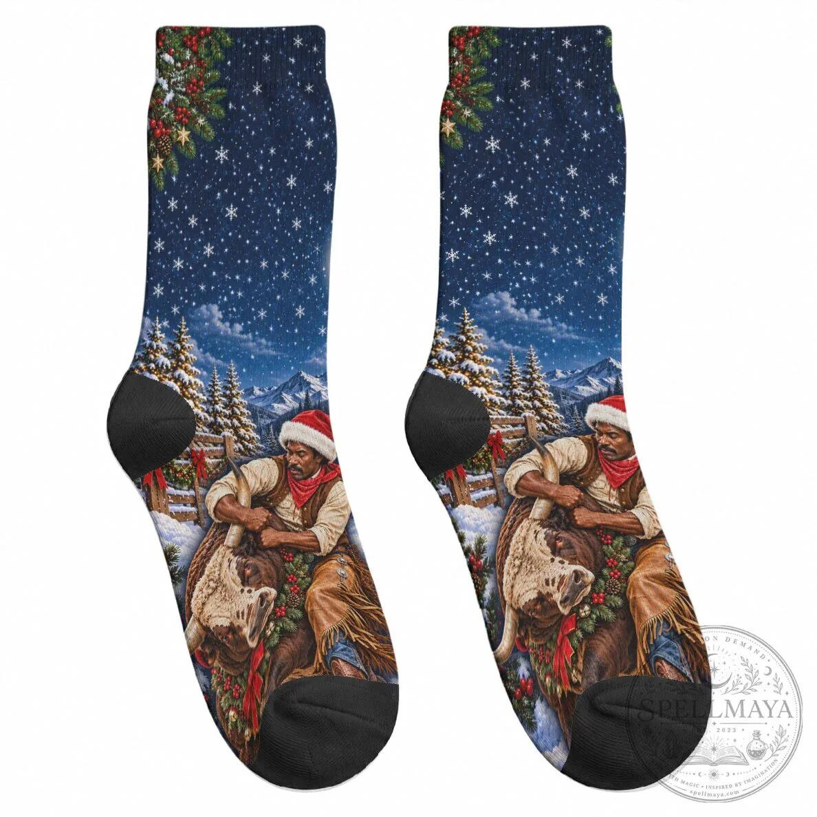 Bill Pickett Christmas Bull Rider Crew Socks Snowy Winter Western Rodeo Night 11 Bill Pickett Christmas Bull Rider Crew Socks Snowy Winter Western Rodeo Night