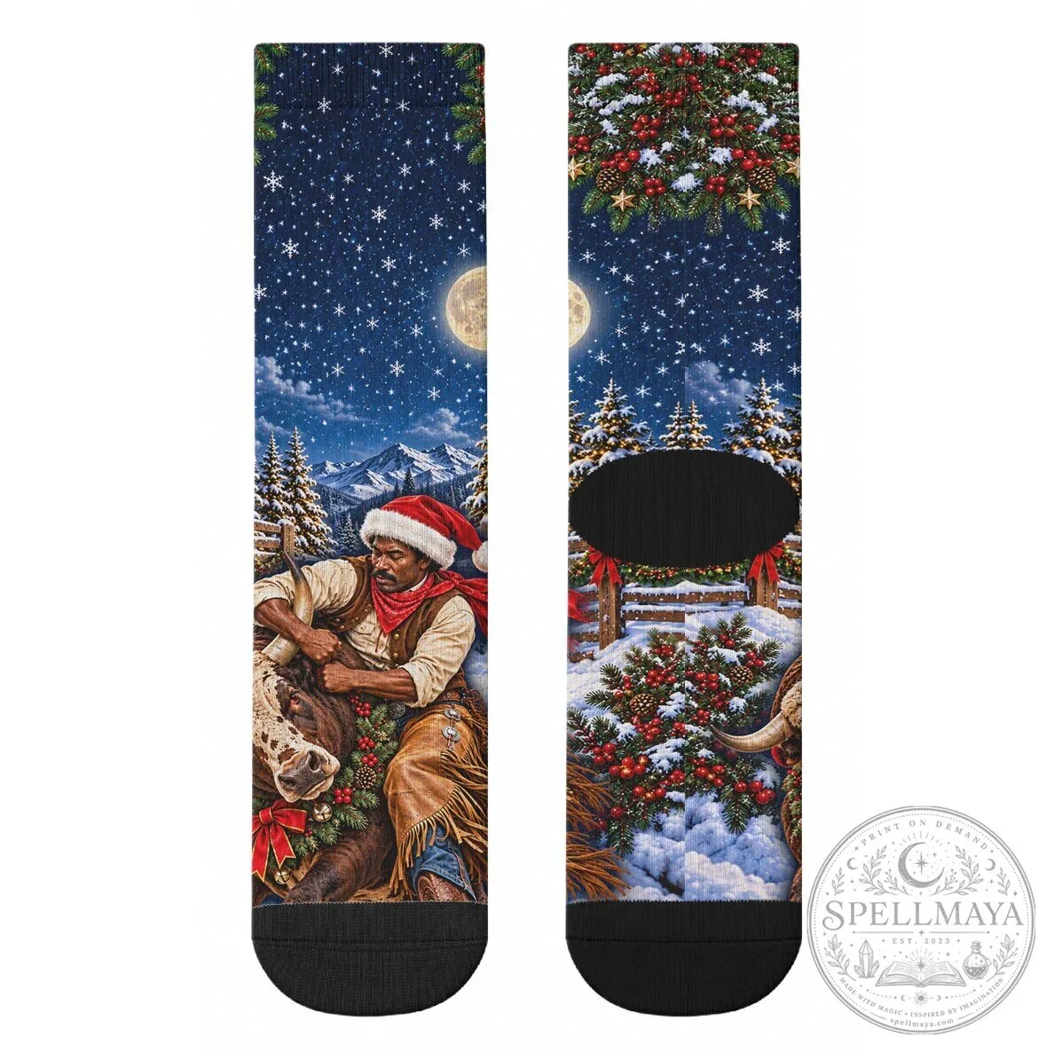 Bill Pickett Christmas Bull Rider Crew Socks Snowy Winter Western Rodeo Night 13 Bill Pickett Christmas Bull Rider Crew Socks Snowy Winter Western Rodeo Night